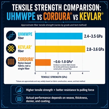 UHMWPE, Cordura 및 Kevlar 섬유의 인장 강도 비교는 어떻습니까?
